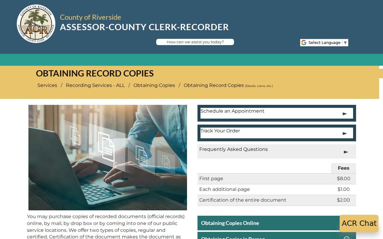 Riverside public records copy and older record instructions