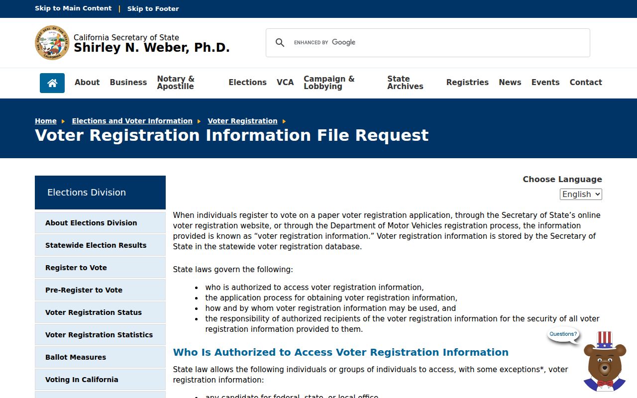 California voter registration records file request for Riverside data